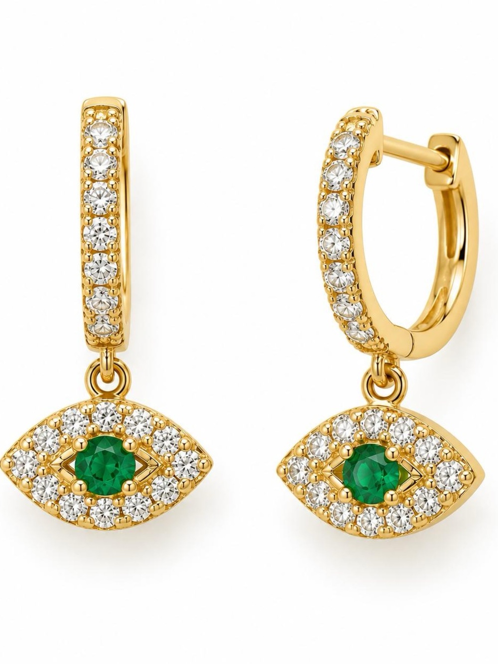 18K Solid Real Yellow Gold Natural Emerald And Natural Diamond Huggies 18mm